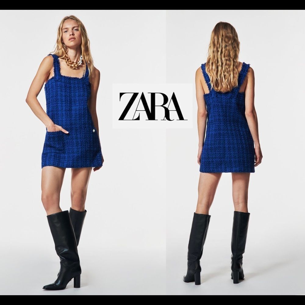 ZARA Blue textured pinafore straight neckline wide strap mini dress Sz M